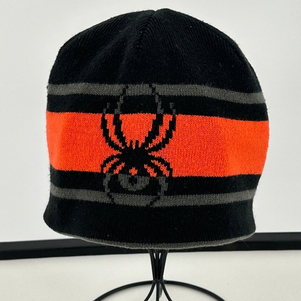 Spyder Reversible Beanie Hat Black Orange Grey Striped Logo Winter Ski Cap